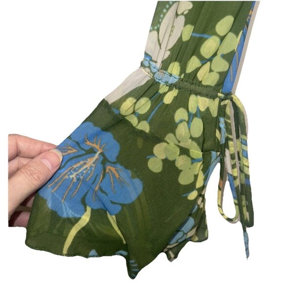 Free People Green Floral Mesh Sheer Piece of Paradise Bell Sleeves Blouse Top S - Picture 4 of 10
